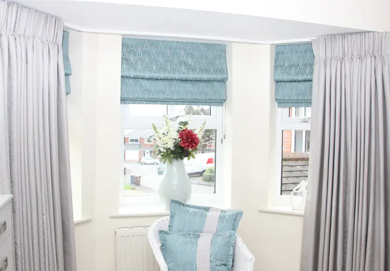 Bay window Roman blinds with curtains by Heather Horrocks Leigh
