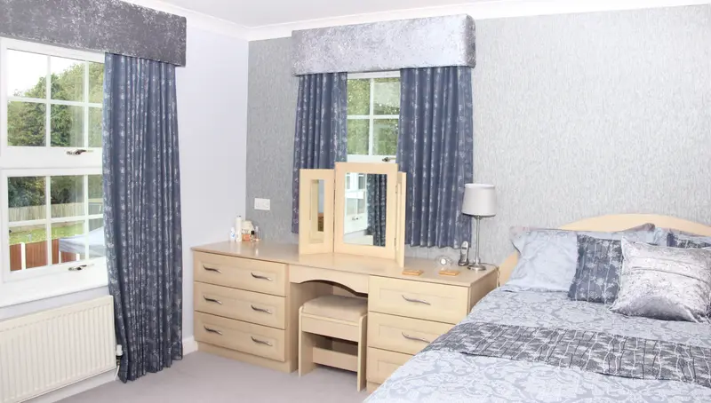 Bedroom curtains with pelmets by Heather Horrocks Leigh
