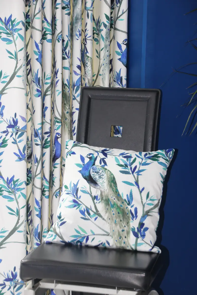Blue floral cushion and curtain by Heather Horrocks Leigh