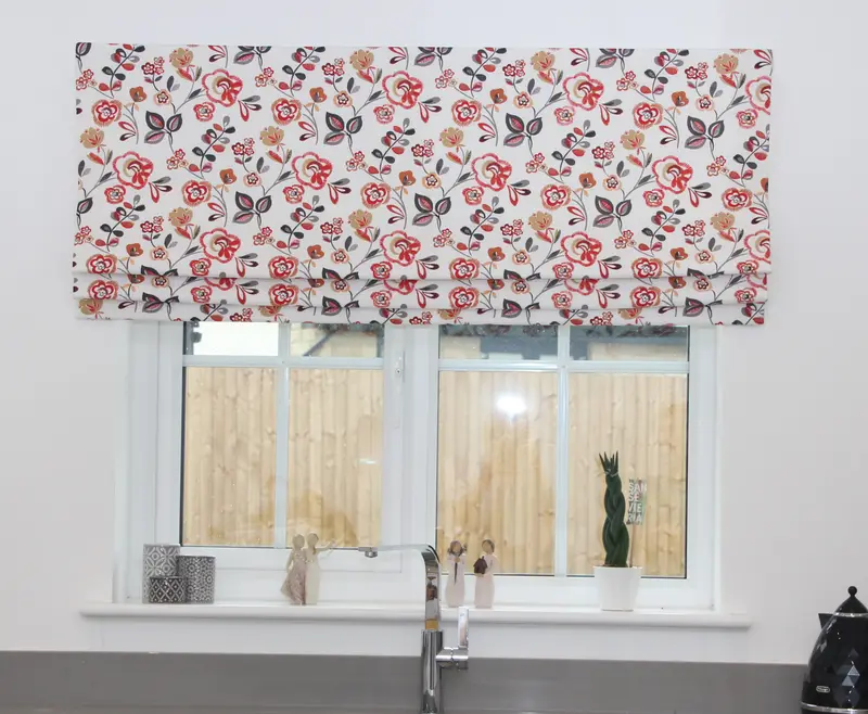 Floral Roman blind in a kitchen by Heather Horrocks Leigh