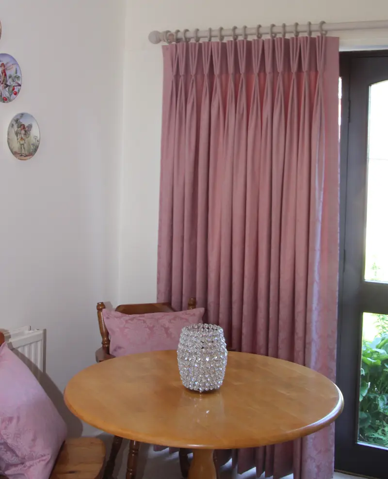 Pink pinch pleat curtains by Heather Horrocks Leigh